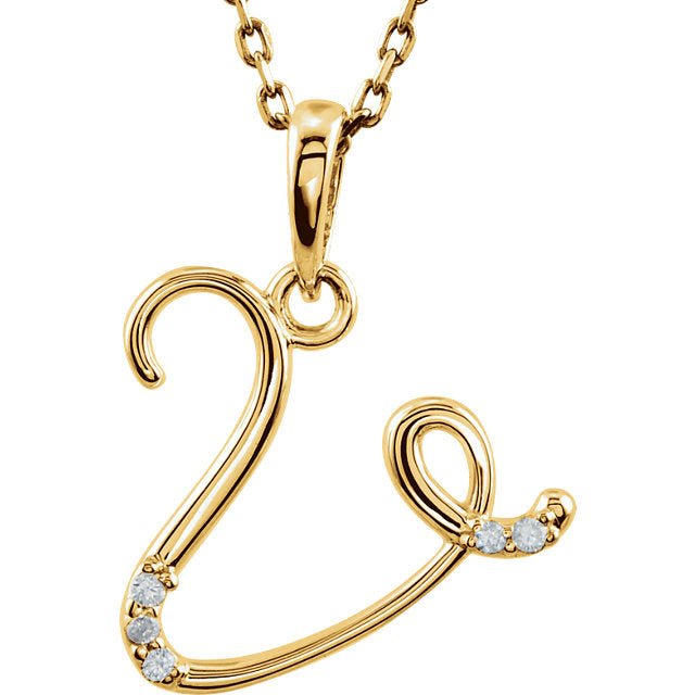 14k Gold or Sterling Silver .03 CTW Diamond Script Letter V Initial Necklace