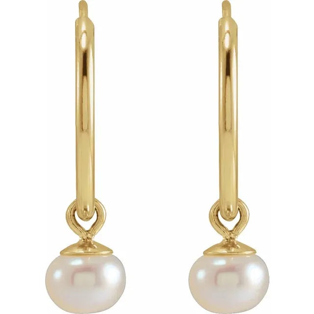 14k Yellow Gold 12mm x 1mm  Round Endless Hoops Freshwater Cultured Pearl Dangle Earrings