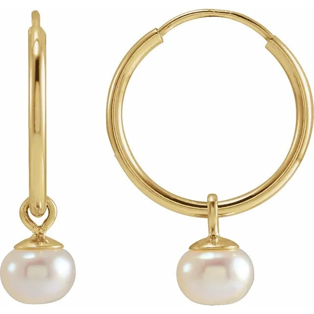14k Yellow Gold 12mm x 1mm  Round Endless Hoops Freshwater Cultured Pearl Dangle Earrings