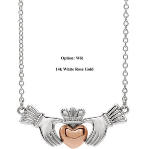 Platinum or 14k Yellow Rose White Gold or Sterling Silver Claddagh Necklace