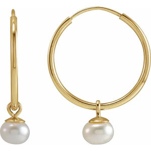 14k Yellow Gold 15mm x 1mm  Round Endless Hoops Freshwater Cultured Pearl Dangle Earrings