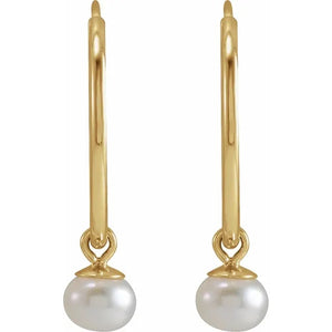 14k Yellow Gold 15mm x 1mm  Round Endless Hoops Freshwater Cultured Pearl Dangle Earrings