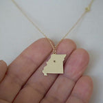 Load and play video in Gallery viewer, 14k Gold 10k Gold Silver Missouri MO State Map Diamond Personalized City Necklace

