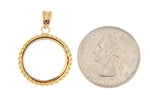 Afbeelding in Gallery-weergave laden, 14K Yellow Gold 1/10 oz or One Tenth Ounce American Eagle Coin Holder Holds 16.5mm x 1.3mm Coin Polished Rope Prong Bezel Pendant Charm
