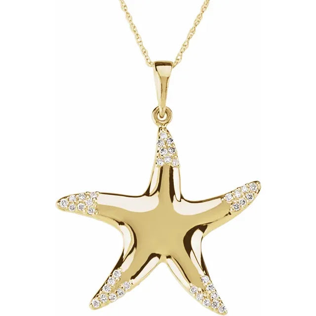 14k Yellow Gold Diamond Starfish Pendant Charm Necklace