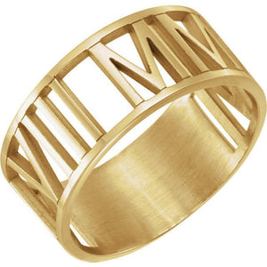 14k Yellow White Rose Gold 10k Gold or Sterling Silver or Gold Plated Silver Roman Numerals Date Ring Band