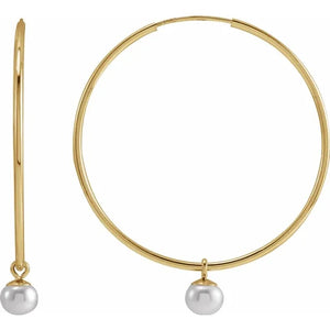 14k Yellow Gold 30mm x 1mm  Round Endless Hoops Freshwater Cultured Pearl Dangle Earrings