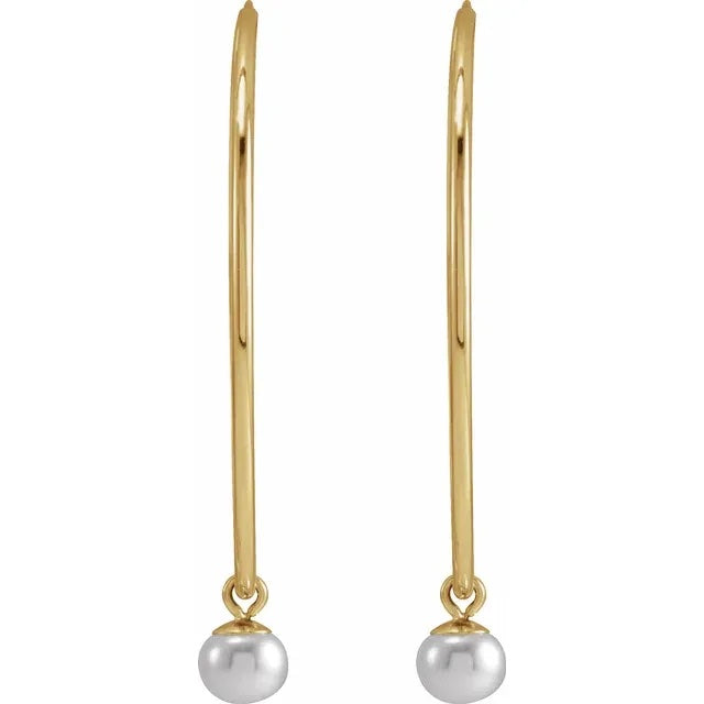 14k Yellow Gold 30mm x 1mm  Round Endless Hoops Freshwater Cultured Pearl Dangle Earrings