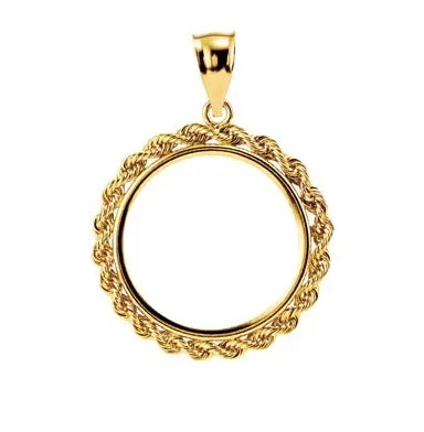 14K Yellow Gold Coin Holder for 21.5mm x 1.5mm Coins or United States US $5.00 Dollar Tab Back Frame Rope Design Pendant Charm