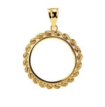 Afbeelding in Gallery-weergave laden, 14K Yellow Gold Coin Holder for 21.5mm x 1.5mm Coins or United States US $5.00 Dollar Tab Back Frame Rope Design Pendant Charm
