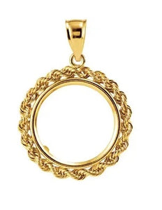 14K Yellow Gold Coin Holder for 17.9mm x 1.2mm Coins or United States US $2.50 Dollar or Chinese Panda 1/10 Ounce Tab Back Frame Rope Design Pendant Charm