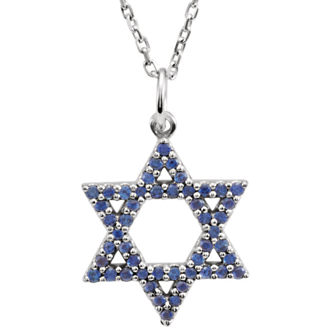 14K Yellow White Gold Genuine Blue Sapphire Small Star of David Pendant Charm Necklace