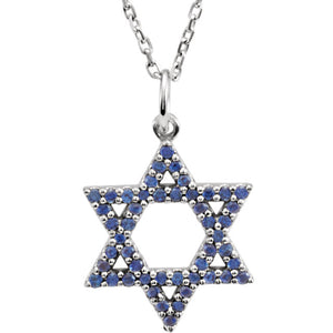 14K Yellow White Gold Genuine Blue Sapphire Small Star of David Pendant Charm Necklace