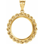 Lade das Bild in den Galerie-Viewer, 14K Yellow Gold Coin Holder for 20mm x 1.7mm Coins or Canadian 1/4 oz Ounce Maple Leaf Coin Tab Back Frame Rope Design Pendant Charm
