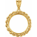 Load image into Gallery viewer, 14K Yellow Gold Coin Holder for 19mm x 1.1mm Coins or Mexican 5 Peso Tab Back Frame Rope Design Pendant Charm
