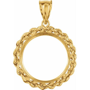 14K Yellow Gold Coin Holder for 19mm x 1.1mm Coins or Mexican 5 Peso Tab Back Frame Rope Design Pendant Charm