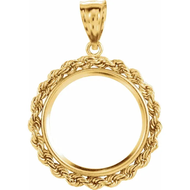 14K Yellow Gold Coin Holder for 20mm x 1.7mm Coins or Canadian 1/4 oz Ounce Maple Leaf Coin Tab Back Frame Rope Design Pendant Charm