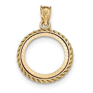 14K Yellow Gold 1/10 oz or One Tenth Ounce American Eagle Coin Holder Holds 16.5mm x 1.3mm Coin Bezel Rope Edge Diamond Cut Prong Pendant Charm