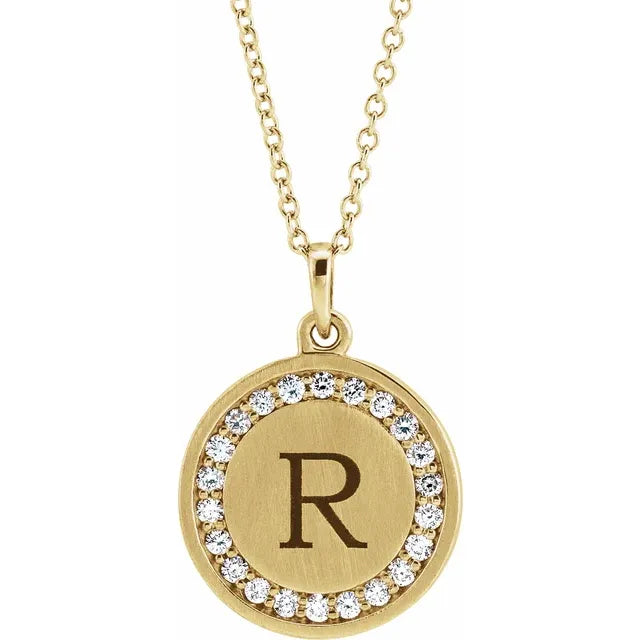 Platinum 14k Yellow Rose White Gold Diamond Round Medallion Disc Letter Initial Alphabet Personalized Engraved Pendant Charm Necklace