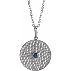 Platinum 14k Yellow Rose White Gold Sterling Silver Genuine Sapphire Round Disc Hammered Pendant Charm Necklace