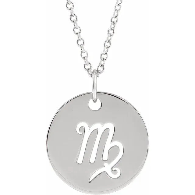 Platinum 14k Yellow Rose White Gold Sterling Silver Virgo Zodiac Horoscope Cut Out Round Disc Pendant Charm Necklace