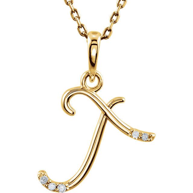 14k Gold or Sterling Silver .03 CTW Diamond Script Letter T Initial Necklace