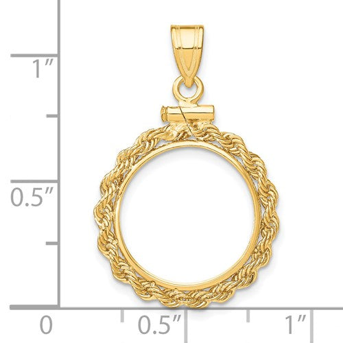 14K Yellow Gold US $1 Dollar Type 2 Coin Holder Holds 15mm Coins Rope Bezel Screw Top Pendant Charm