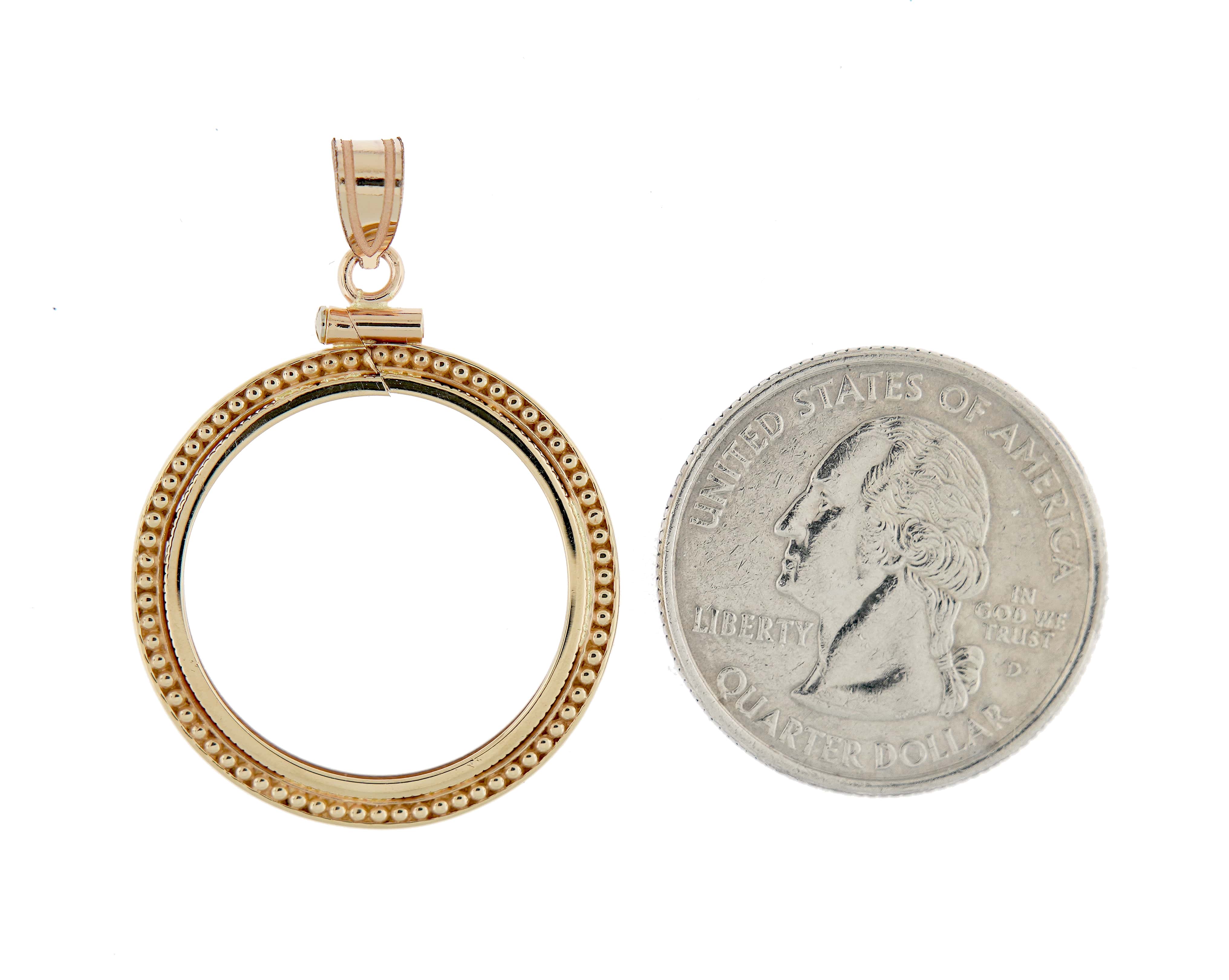 14K Yellow Gold Coin Holder for 22mm Coins or 1/4 oz American Eagle US $5 Dollar Jamestown 1/4 oz Panda 2 Rand Screw Top Bezel Beaded Pendant Charm
