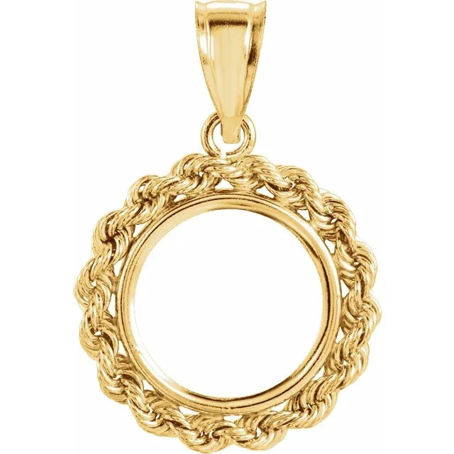 14k Yellow Gold Rope Style Coin Holder Pendant Charm for 13mm x 1mm Coins United States US 1 Dollar Mexican 2 Peso