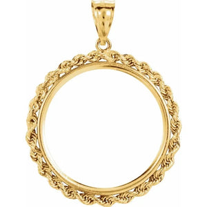 14K Yellow Gold United States US $10 Dollar or 1/2 oz ounce Chinese Panda Coin Holder Holds 27mm x 2mm Coins Tab Back Frame Pendant Charm Rope Design