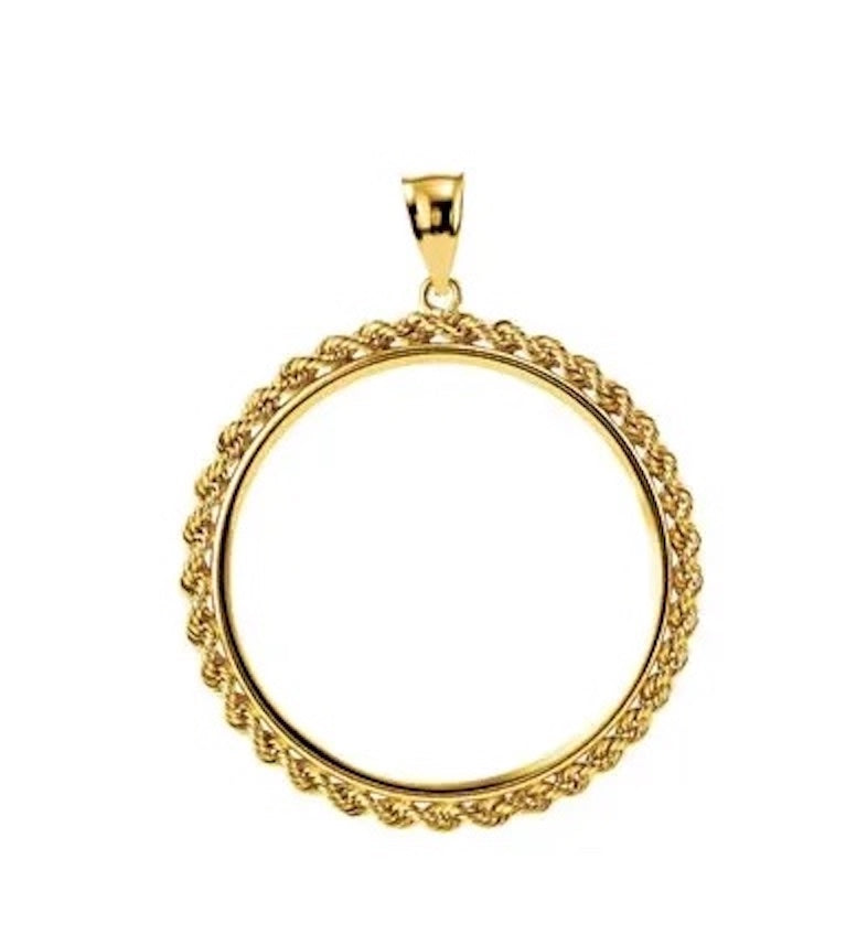 14k Yellow Gold Rope Style Coin Holder Pendant Charm for 34.3mm x 2.4mm Coins United States US $20 Dollar or Mexican 1 oz ounce