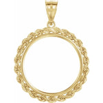 Load image into Gallery viewer, 14K Yellow Gold Coin Holder Pendant Charm for 22.5mm x 1.4mm Coins or Mexican 10 Peso or Mexican 1/4 Ounce Coin Tab Back Frame Rope Design
