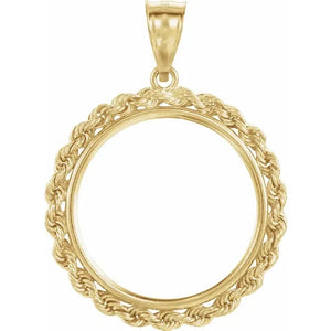14K Yellow Gold Coin Holder Pendant Charm for 22.5mm x 1.4mm Coins or Mexican 10 Peso or Mexican 1/4 Ounce Coin Tab Back Frame Rope Design