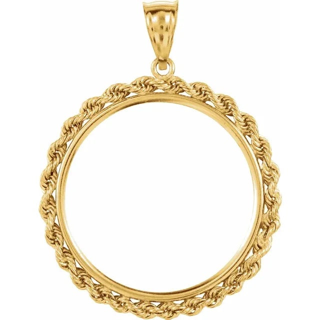 14k Yellow Gold Rope Style Coin Holder Pendant Charm for 27.4mm x 2mm Coins Mexican 20 Peso