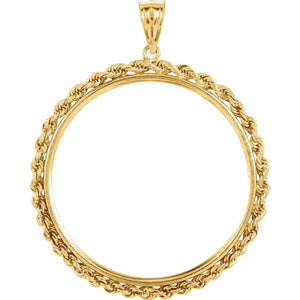 14k Yellow Gold Rope Style Coin Holder Pendant Charm for 37mm x 2.6mm Coins or Mexican 50 Peso