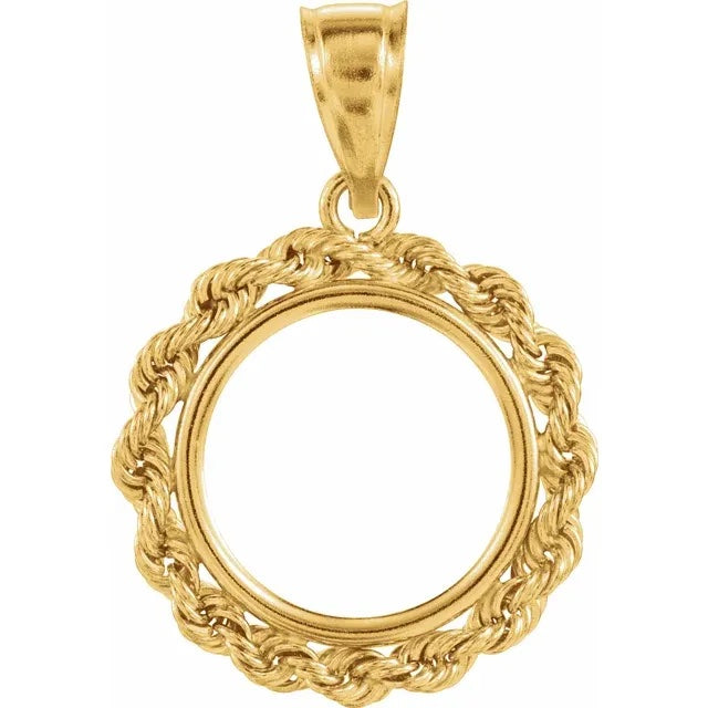 14k Yellow Gold Rope Design Tab Back Coin Holder Pendant Charm Holds 14mmx1mm Coins 1/20 Ounce Chinese Panda 1/25 oz Isle of Man Cat