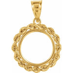 Load image into Gallery viewer, 14k Yellow Gold Rope Design Tab Back Coin Holder Pendant Charm Holds 14mmx1mm Coins 1/20 Ounce Chinese Panda 1/25 oz Isle of Man Cat
