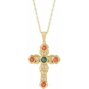 Platinum 14k Yellow Rose White Gold Genuine Jade Opal Coral Cross Pendant Charm Necklace