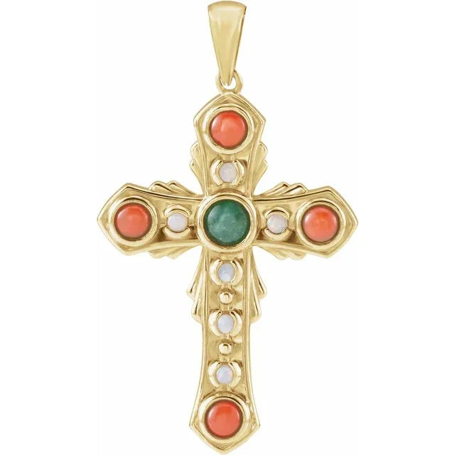 Platinum 14k Yellow Rose White Gold Genuine Jade Opal Coral Cross Pendant Charm Necklace