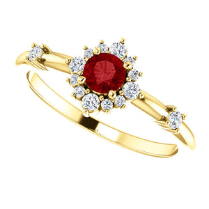 14k Yellow Gold Genuine Ruby 1/6 CTW Diamond Ring Halo Style