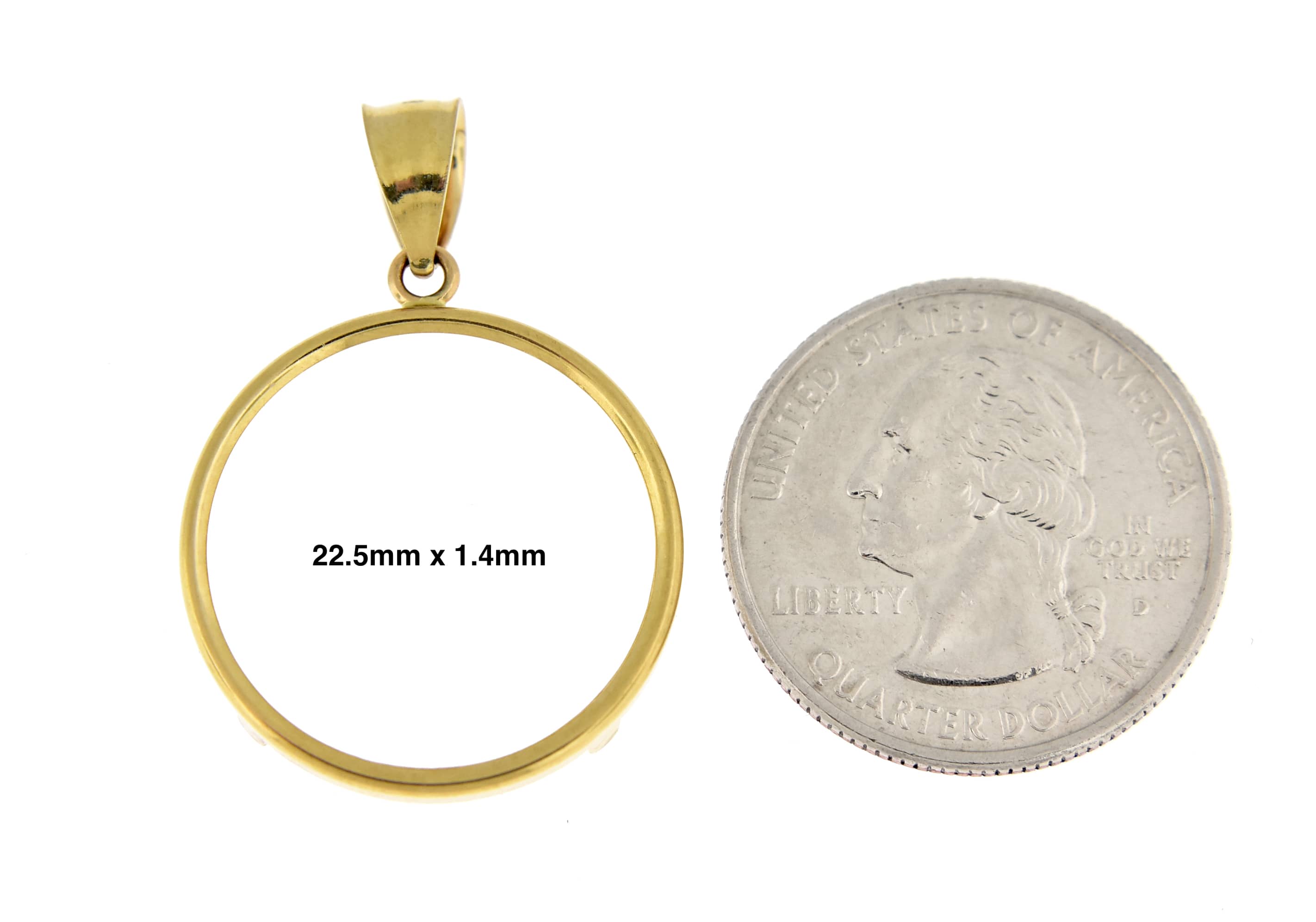 14K Yellow Gold Coin Holder Pendant Charm for 22.5mm x 1.4mm Coins or Mexican 10 Peso or Mexican 1/4 Ounce Coin Tab Back Frame