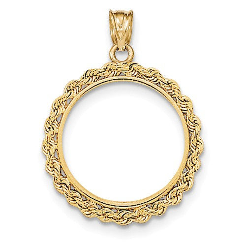 14K Yellow Gold 1/4 oz or One Fourth Ounce American Eagle Coin Holder Holds 22mm x 1.8mm Prong Bezel Rope Edge Diamond Cut Pendant Charm