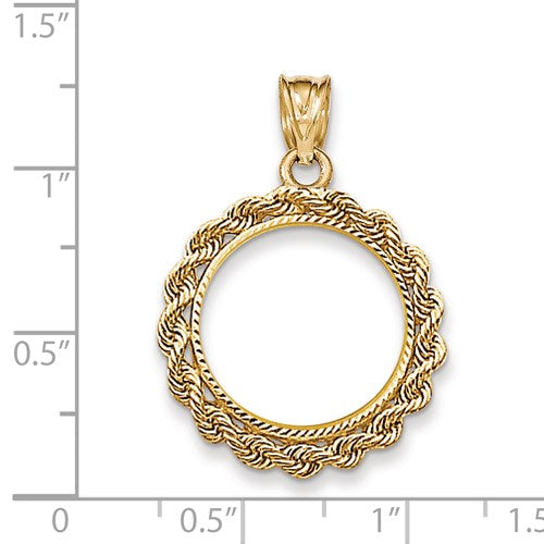 14K Yellow Gold 1/10 oz or One Tenth Ounce American Eagle Coin Holder Holds 16.5mm x 1.3mm Coin Bezel Rope Edge Diamond Cut Pendant Charm