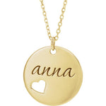 將圖片載入圖庫檢視器 14k Yellow Rose White Gold or Silver Round Disc Heart Pierced Pendant Charm Necklace Personalized Engraved
