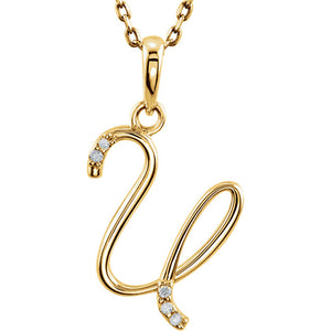14k Gold or Sterling Silver .03 CTW Diamond Script Letter U Initial Necklace