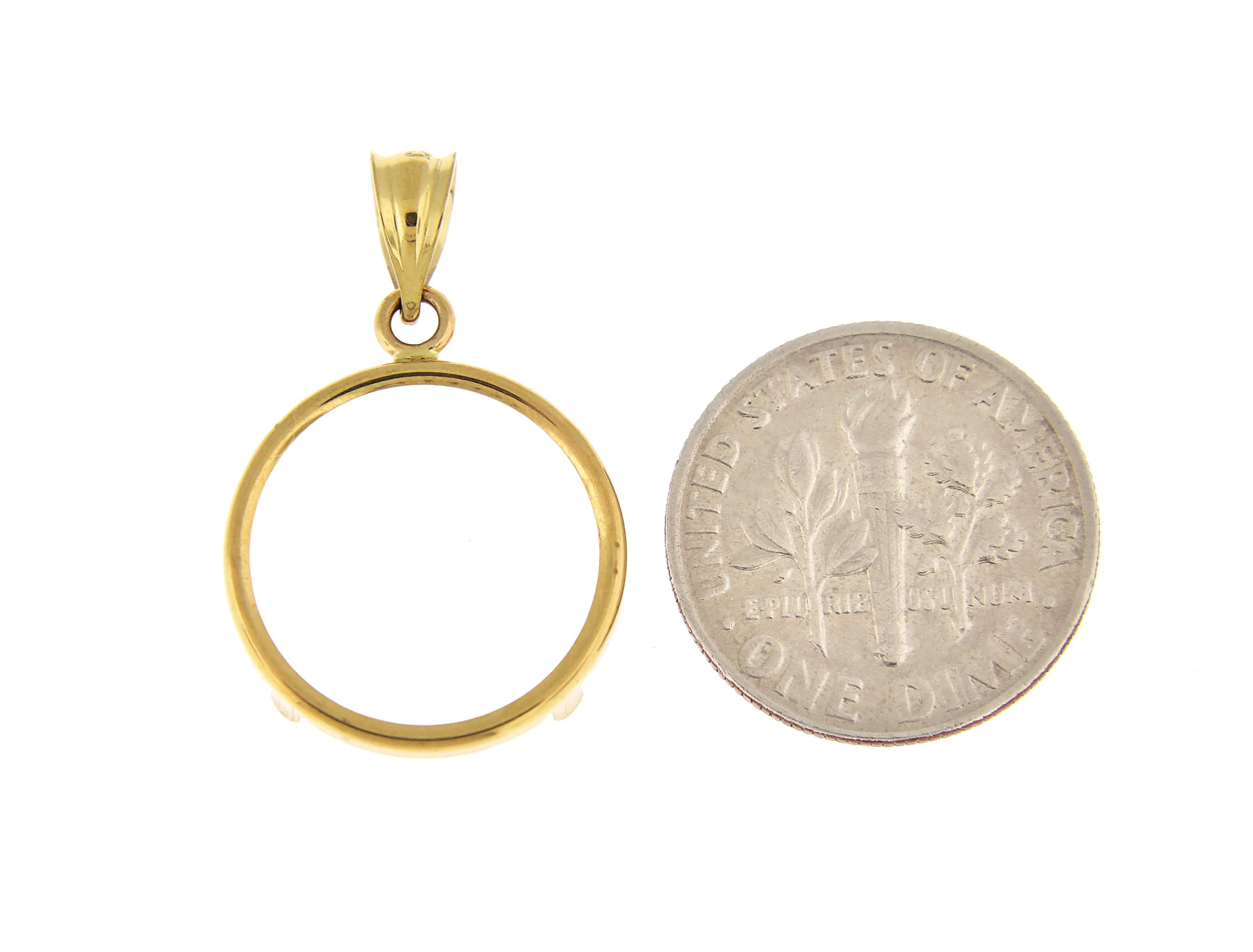 14K Yellow Gold Coin Holder for 15.6mm x 0.86mm Coins or Mexican 2.50 or 2 1/2 Peso or US $1.00 Dollar Type 3 Tab Back Frame Pendant Charm